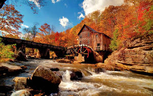 Grist Mill solrigt efterår baggrund. — 1600x900 Wallpapers