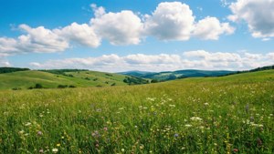 En lys grøn eng med vilde blomster og blå himmel, en munter sommerscene. — Grøn æstetik Wallpapers