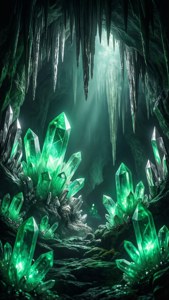 Glødende grønne krystaller i en Slytherin-hule. — Slytherin æstetik Wallpapers