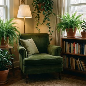 Et hyggeligt indendørsrum med grønne planter og en fløjlsstol, perfekt til afslapning. — Grøn æstetik Wallpapers