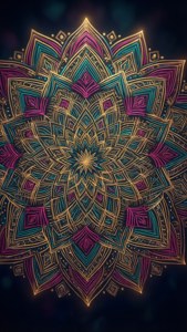 Indviklet mandala-mønster med guld og turkis, der gløder på mørk baggrund, til iPhone 11 Pro Max.
