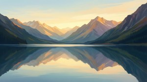 En fredfyldt bjergsø med gyldne spejlinger i bløde pastelfarver. — Æstetisk kunst GIF Wallpapers
