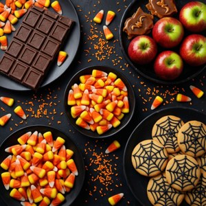 Farverigt fladt lay af Halloween-godter og småkager på sort
