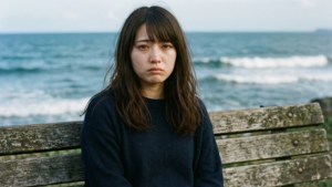 Rikako alene på stranden, føler sig trist — Havbølger Wallpapers