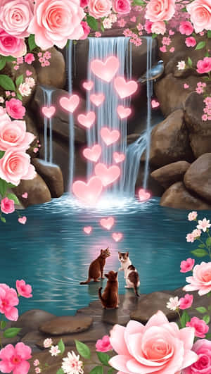 Valentinsdag,vandfald,hjerter,kærlighed,katte,pink,blomster,romantisk,smartphone wallpaper — Pink Wallpapers