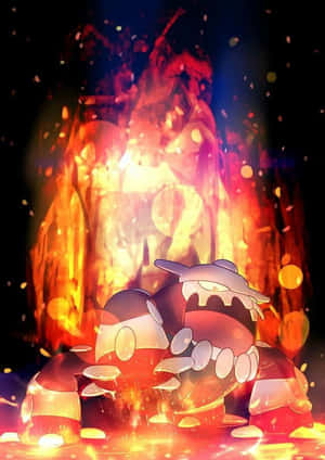 Heatran med glødende ildbaggrund — Pokemon Wallpapers