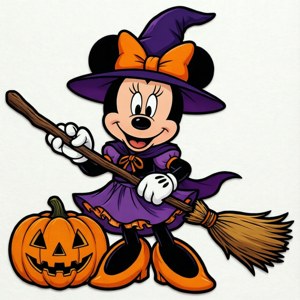 Minnie Mouse som heks i udklip-SVG-stil med græskar.