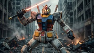 RX-78-2 Gundam i en dramatisk kampstilling midt i en ødelagt by.