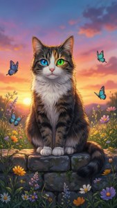 En smuk kat med forskelligfarvede øjne i en eng — Anime kat Wallpapers