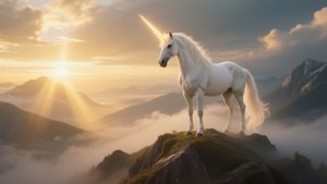 En majestætisk enhjørning på en bjergtop ved solopgang, perfekt til fantasy-baggrund. — Solopgang Wallpapers