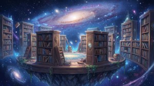 En finurlig anime-scene af et svævende bibliotek i rummet — Anime landskab GIF Wallpapers