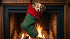 En hyggelig scene med en julesok, hvor en sød hvalp kigger frem ved en knitrende pejs. — Sød jul Wallpapers