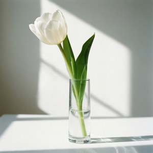 Et enkelt, elegant arrangement af en hvid tulipan i vand, der fremhæver renhed og minimalisme. — Blomster æstetik Wallpapers