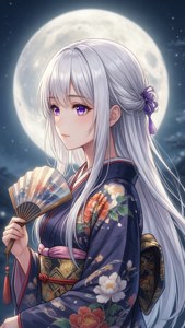 Æterisk animepige med hvidt hår og kimono under fuldmåne. — Sødt anime profilbillede Wallpapers