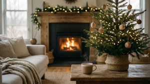 Hyggelig æstetisk jule-stue med pejs og minimalistisk juletræ. — Æstetisk jul Wallpapers