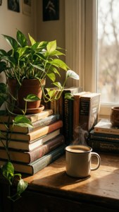 Hyggelig læsekrog med bøger, kaffe og planter. — Indie æstetik Wallpapers