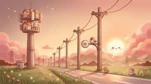 sød landskab,hyggeligt tusmørke,vejside sceneri,sød telefonpæl,legende solnedgang,smilende sol,blinkende sol,chibi karakter,signaltårn,sød fugl,sød kat,hjerte tegn,glødende ildfluer,lyserød skyformation,rolig vej,landevejssti,bløde pastelfarver,nostalgisk illustration,rolig atmosfære,magisk aften — Sød kat Wallpapers