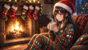 To anime-piger i pyjamas ved en pejs, der drikker kakao.