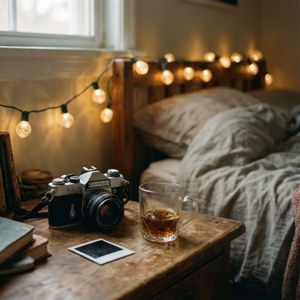 En varm, nostalgisk indie soveværelsesbaggrund med lyskæder og vintagekamera. — Pixel Watch 5 Wallpapers