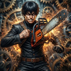 Denji midt i transformation med tændende motorsav, mekanisk abstrakt baggrund. — Pixel Watch Wallpapers