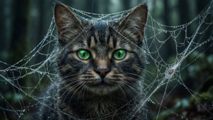 Cheshire-katten fanget i et edderkoppespind med glødende øjne. — Cheshire Cat Wallpapers