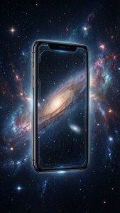 Kosmisk baggrund med iPhone X svævende blandt stjerner.