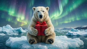 Isbjørn med gave under nordlys — Sød jul Wallpapers