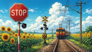 En anime-jernbaneoverskæring omgivet af solsikkemarker.