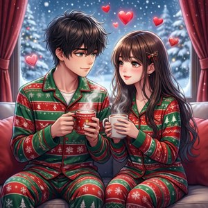 Anime-par i julepyjamas ser sneen falde