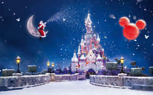 julemanden flyver over et slot med balloner — Disney jul Wallpapers