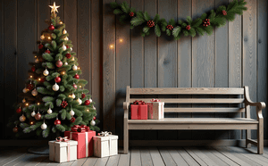 Jul,bænk,træ,gaver,hyggelig,højtid,dekoration,vinter,hjem,ornamenter,fyr,fejring,festlig,lys,indendørs