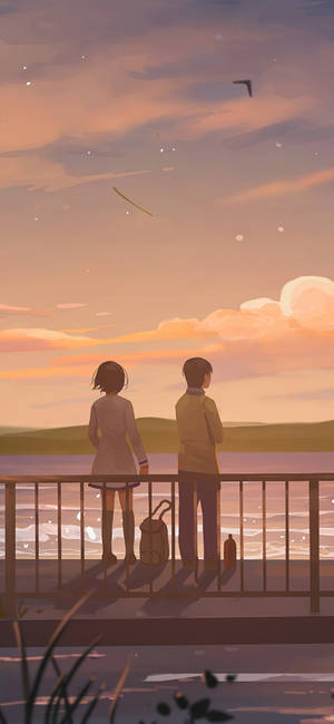 Kæreste og kæreste ser på søen kunst — Anime landskab GIF Wallpapers