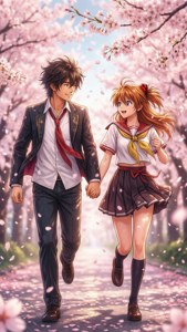 Takemichi og Hinata løber sammen i en romantisk kirsebærblomstscene. — iPhone 6 Wallpapers