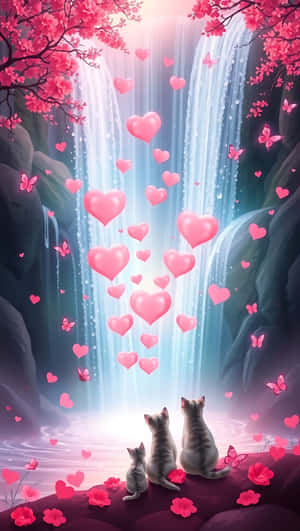 Valentinsdag, kærlighed, vandfald, hjerter, katte, lyserød, sommerfugle, magisk, romantisk, smartphone wallpaper — Vandfald Wallpapers