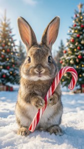 Sød kanin med slikstok i en snedækket eng — Sød jul Wallpapers