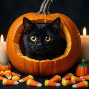 Sød sort kat, der kigger ud fra en græskarlygte med slikmajs. — Sød Halloween Wallpapers