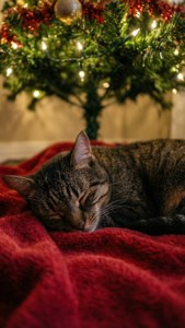 Sovende kat under et juletræ med lys. — Hyggelig julestemning Wallpapers