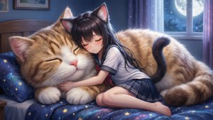 En nekomimi-pige sover med en kæmpe kattebamse — Anime kat Wallpapers
