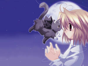 Kawaii Anime Arcueid Brunestud med Flyvende Kat