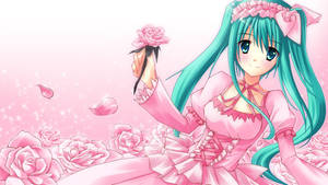 Kawaii Anime Hatsune Miku med lyserød kjole og roser