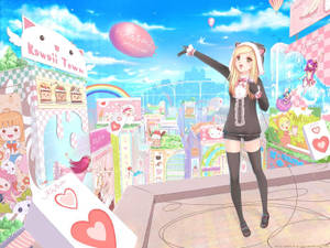 Kawaii Anime-pige omgivet af søde butikker