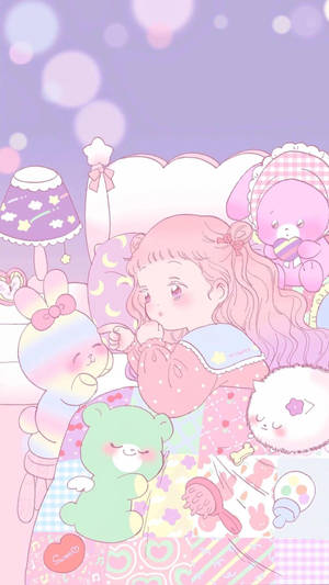 Kawaii Anime-pige på sengen med bamser