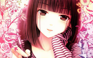 Kawaii Anime Pige med Pen og Tegninger