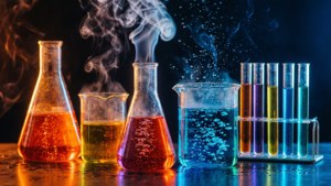 Spændende kemiske reaktioner med farverige væsker og røg i et laboratoriemiljø. — Videnskab Wallpapers