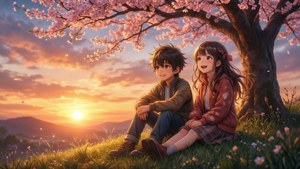 To anime børn nyder en fredelig solnedgang under kirsebærblomsttræer. — Anime børn Wallpapers