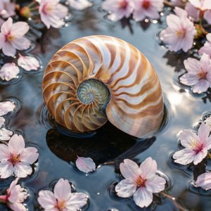 Et oppefra-ned-blik på en nautilusskal på vand med kirsebærblomstblade, bløde forårsfarver. — Pixel Watch 3 Wallpapers