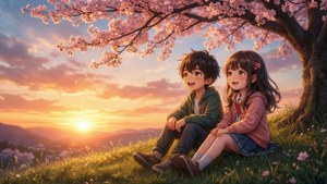 To anime-børn nyder en fredelig solnedgang under kirsebærblomsttræer. — Anime børn Wallpapers