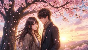 Anime-par under kirsebærtræ ved solnedgang — Anime par GIF Wallpapers
