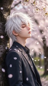 En trist anime-dreng læner sig op ad et kirsebærtræ, mens kronblade falder omkring ham.