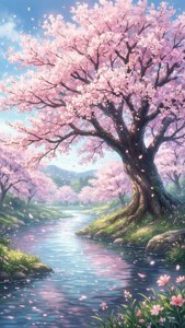 Anime scene med kirsebærblomster ved en flod med svævende kronblade.